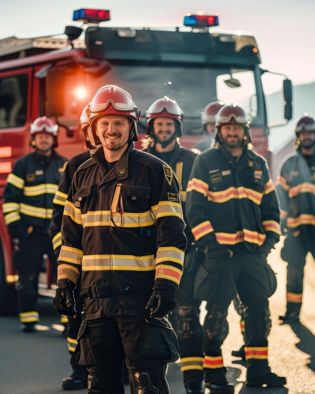 Group of firefighters in front of a fire engine — JB Technologies installs ERRCS for Charleston Industrial & Warehouse
